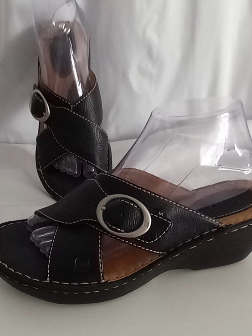 BORN Brown Leather Cross Over Buckle Wedge Heel Slip On Sandals SZ 9